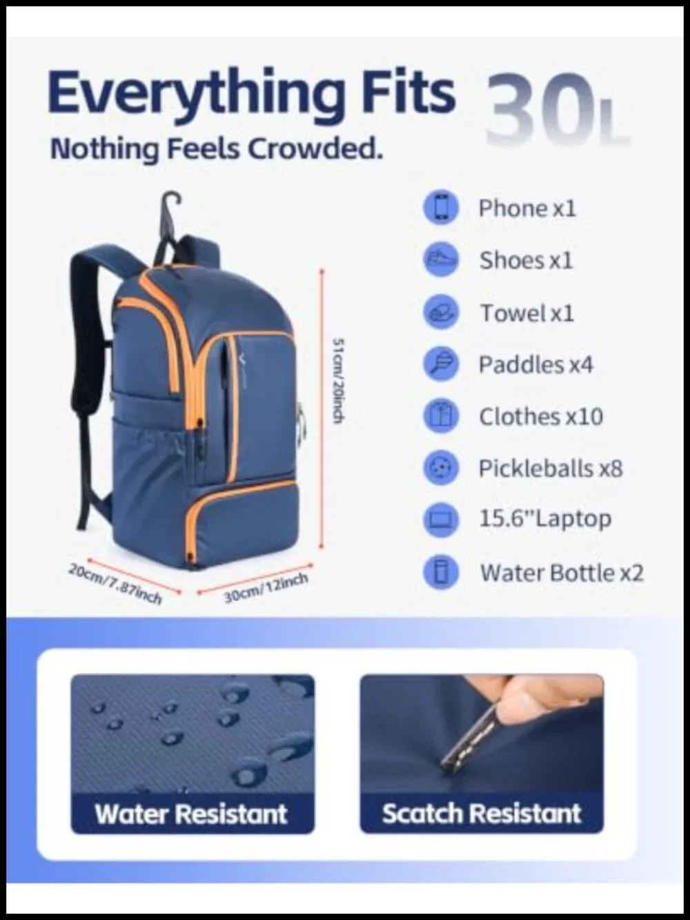 Pickleball Backpack with Detachable Paddle Sleeve, Large Capacity Sports Bag